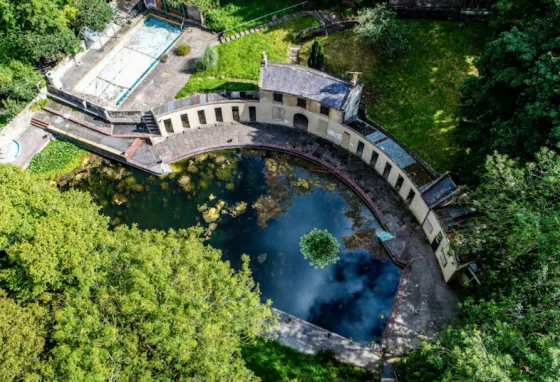 The Georgian-era Cleveland Pools in Bath. An aerial view of the crescent-shaped Cleveland Pools. A Georgian lido in Bath