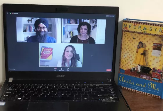 Book club speakers on laptop screen