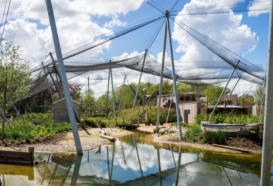 The Waterscapes Aviary at Slimbridge. Large aviary with netting at Slimbridge Wetland Centre