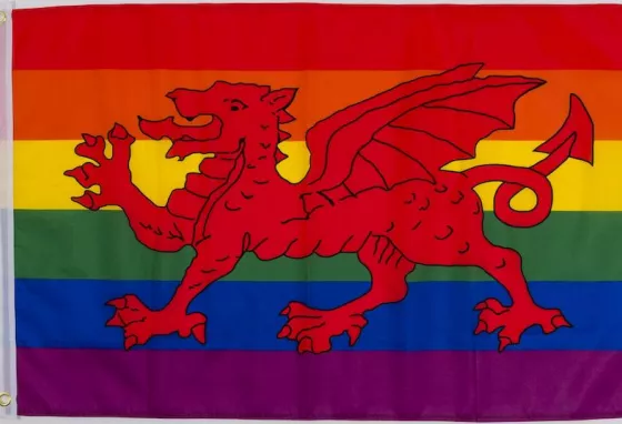 A Welsh flag with rainbow background. A national Welsh flag with rainbow background.