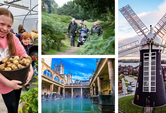 A collage of images featuring children picking vegetables, visitors at a nature reserve, Roman baths and a windmill