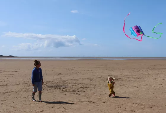 Coastal communities to help wildlife of Dee Estuary Dynes a phlentyn gyda barcud ar draeth