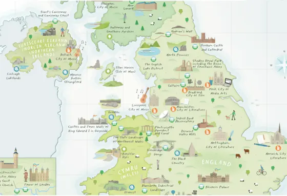 Illustrated map showing 58 UK UNESCO sites Illustrated map showing 58 UK UNESCO sites