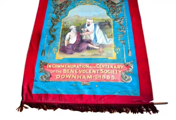 Conservation and display of the Centenary Banner of Downham Benevolent Society (1785 to 1913) The banner in need of repair and conservation