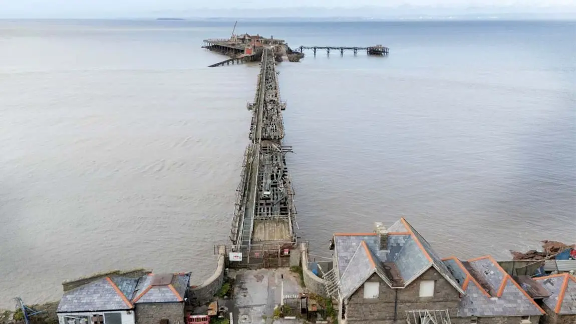 The whole of Birnbeck Pier in a state of disrepair.