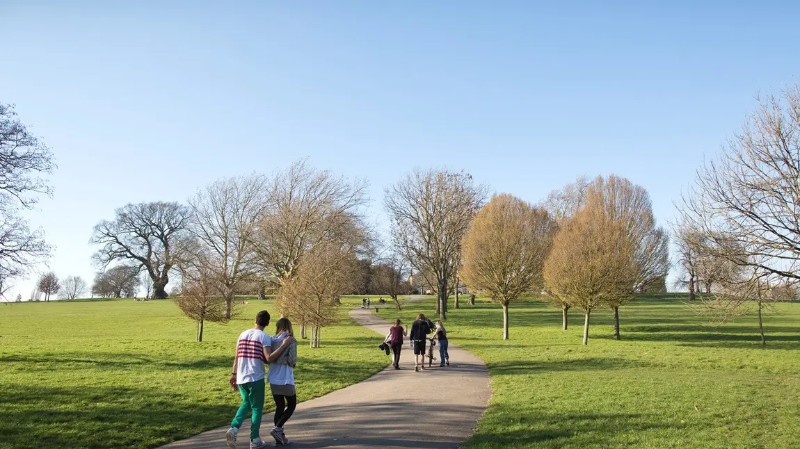 Innovating parks, empowering people People enjoying a park on a sunny day