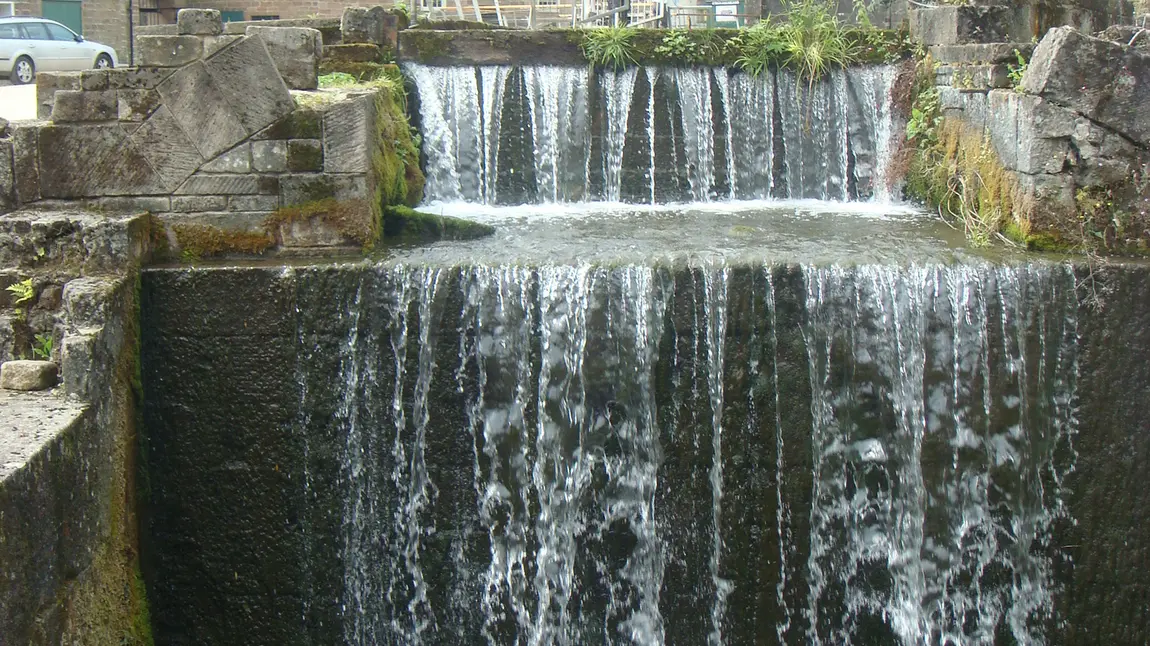 Cromford Mills waterfall and main building