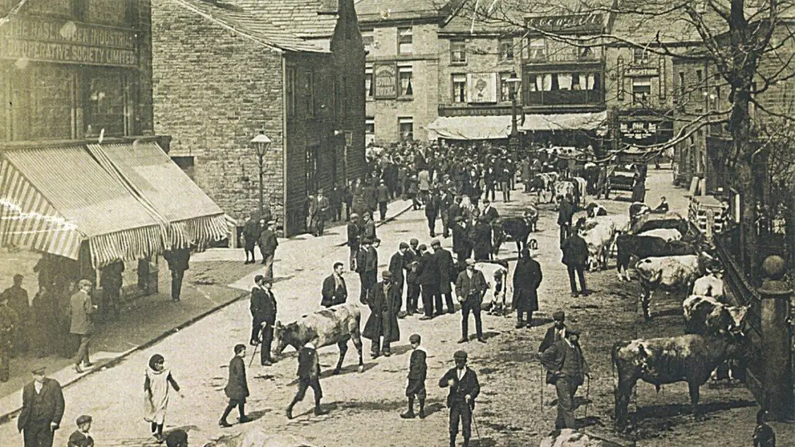 Old photo of a cattle fair in Haslingden