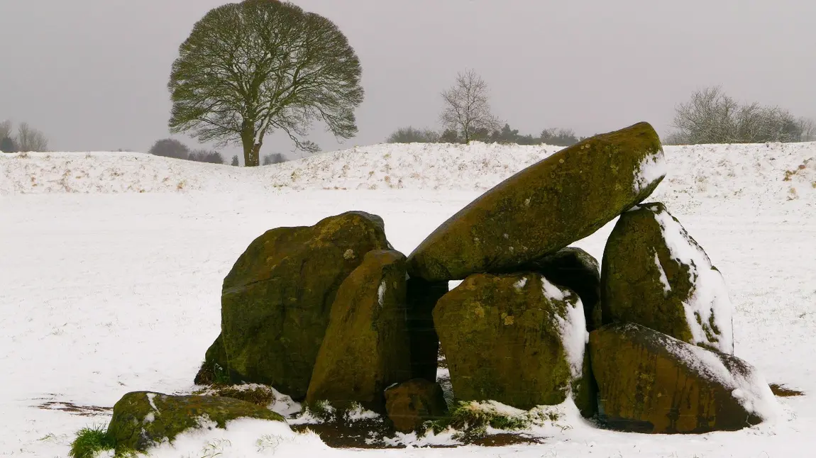 Group of assembled large stones covered in snow, with a tree in the background