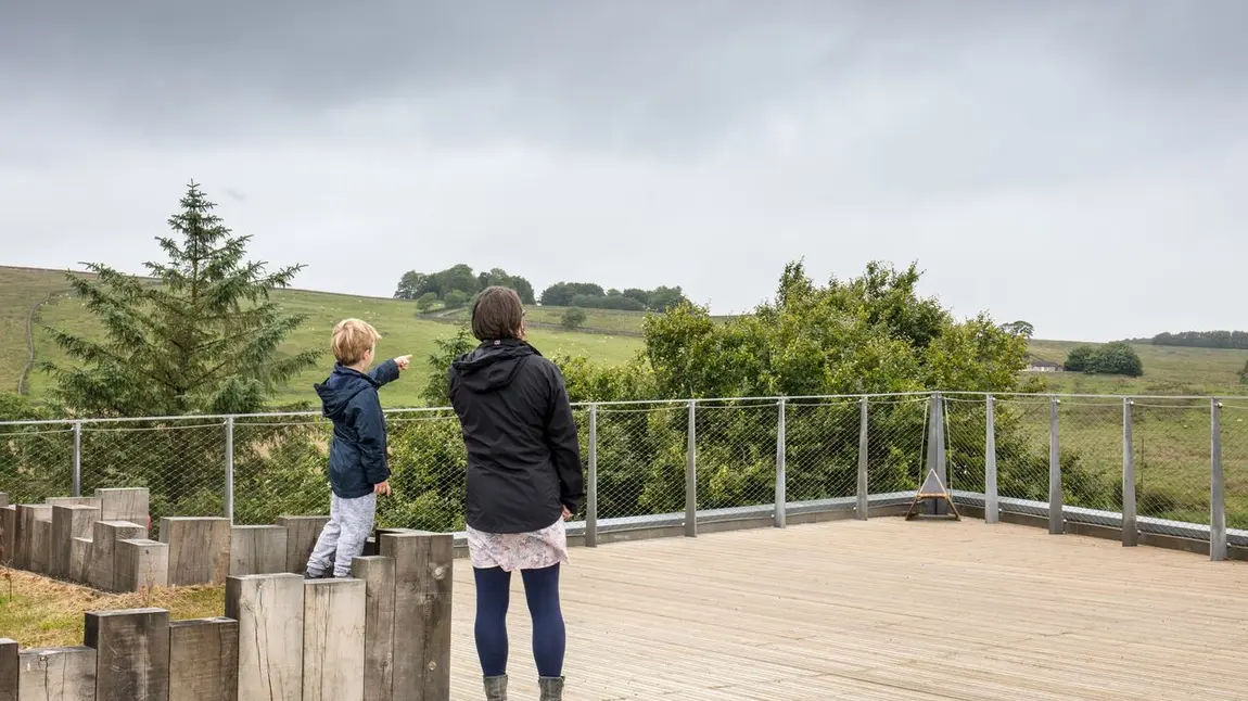 An adult and child stand on decking, looking out over a countryside landscape