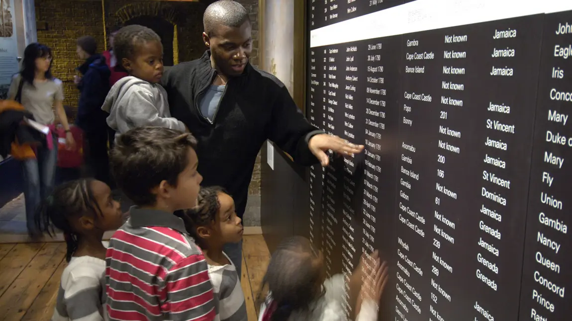 A black adult and several children look at a display on slavery in a museum