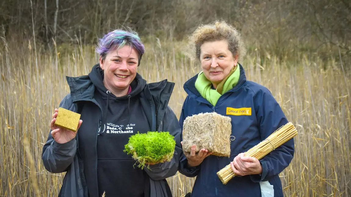 Two people standing in a fen carrying crops that have been turned into insulation products