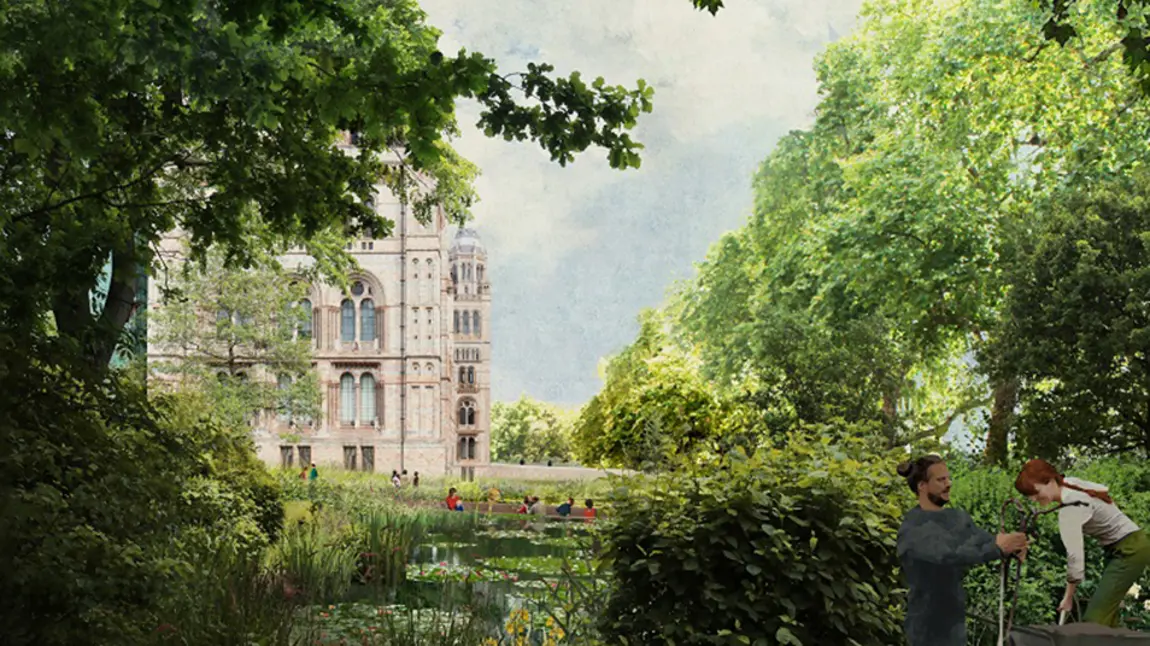 Design visual of people enjoying a garden with trees and pond, outside the Natural History Museum