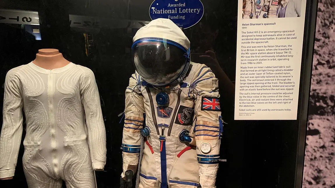 A space suit exhibited in a museum