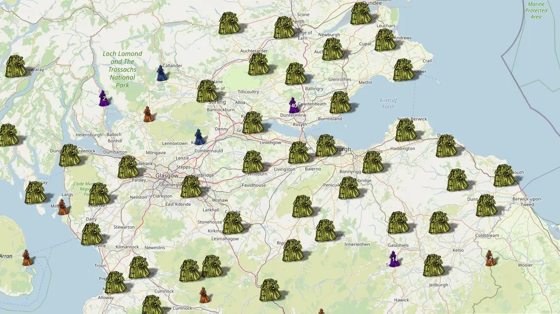 Map of Scotland showing where people were accused of witchcraft