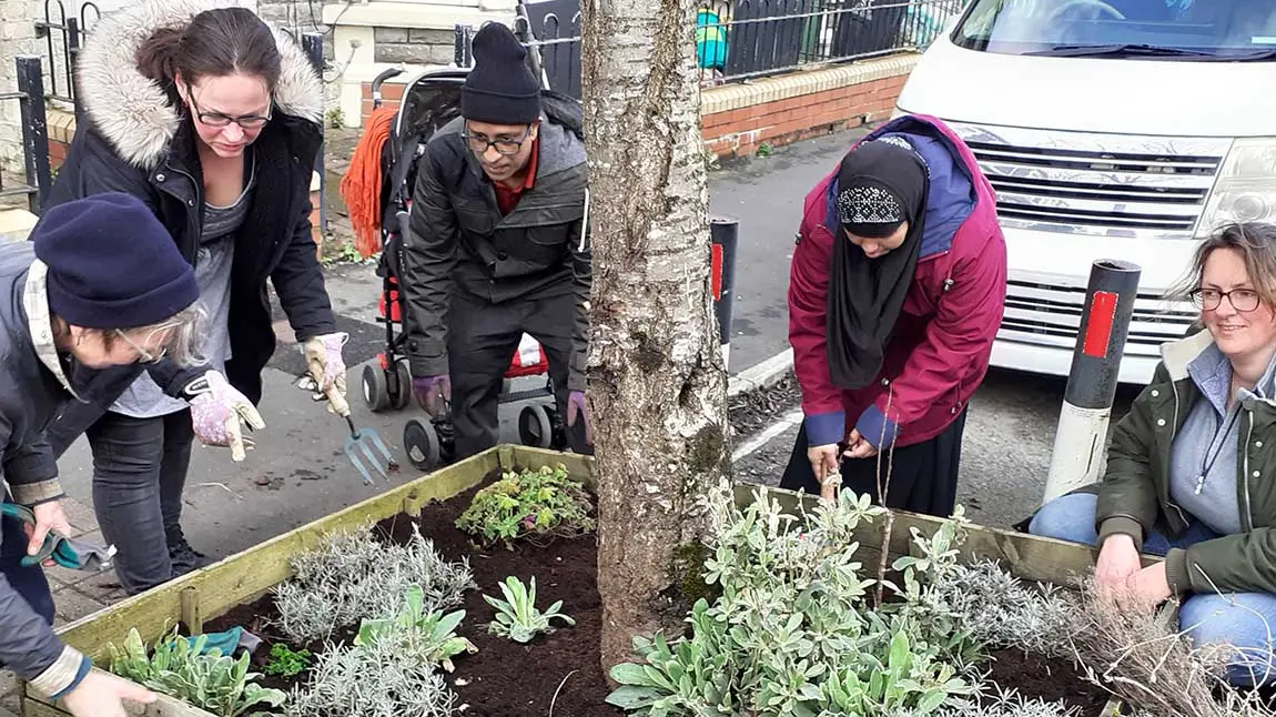 A group of volunteers from diverse ethnic communities gardening in a planter on a street