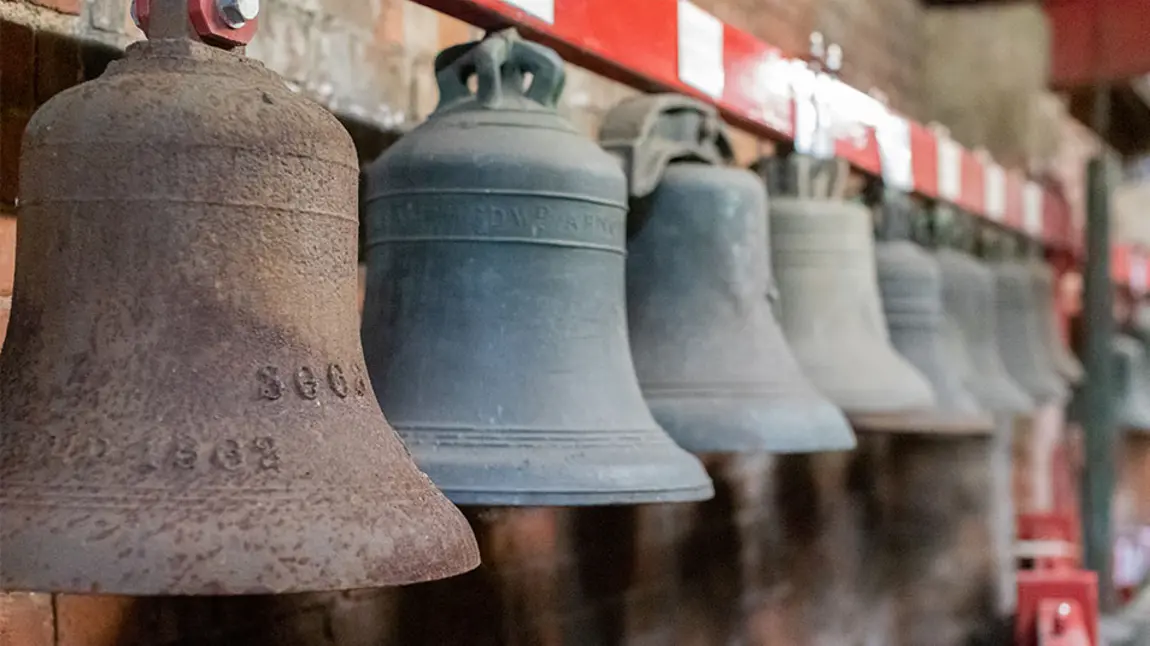 Taylor Bell Foundry Loughborough - row of bells created by the foundry