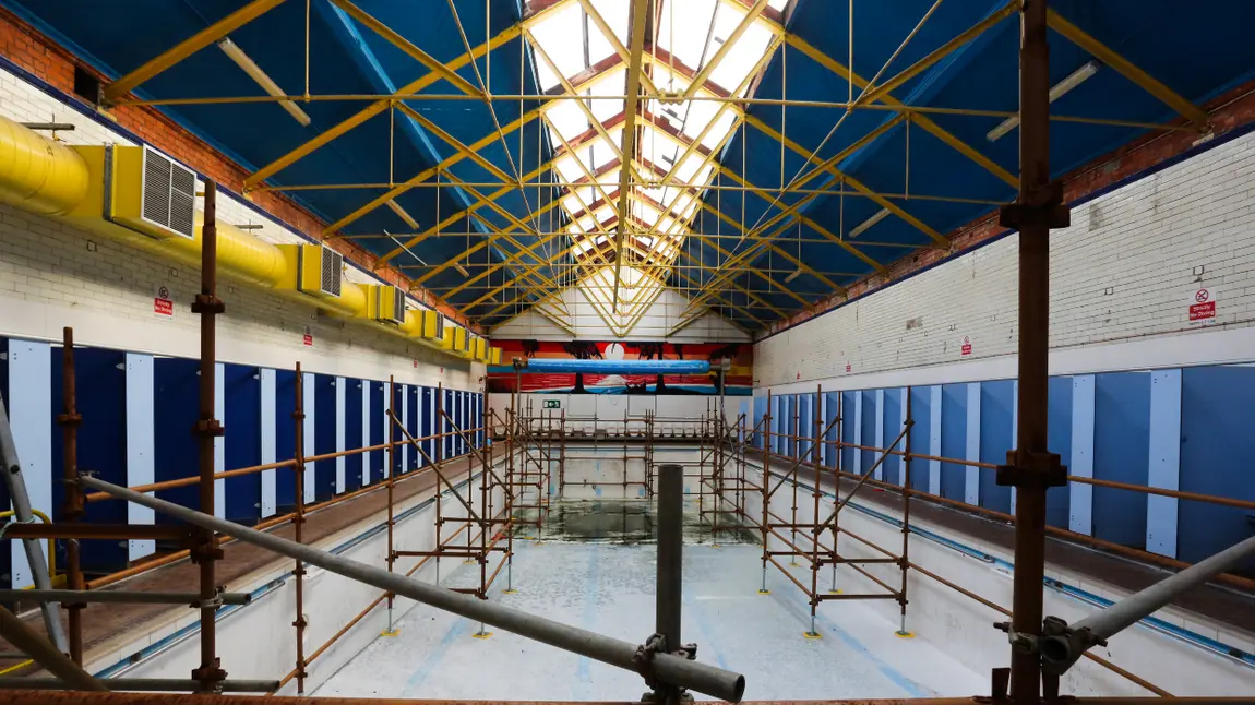Inside Templemore Baths, scaffolding is visible and it looks run down