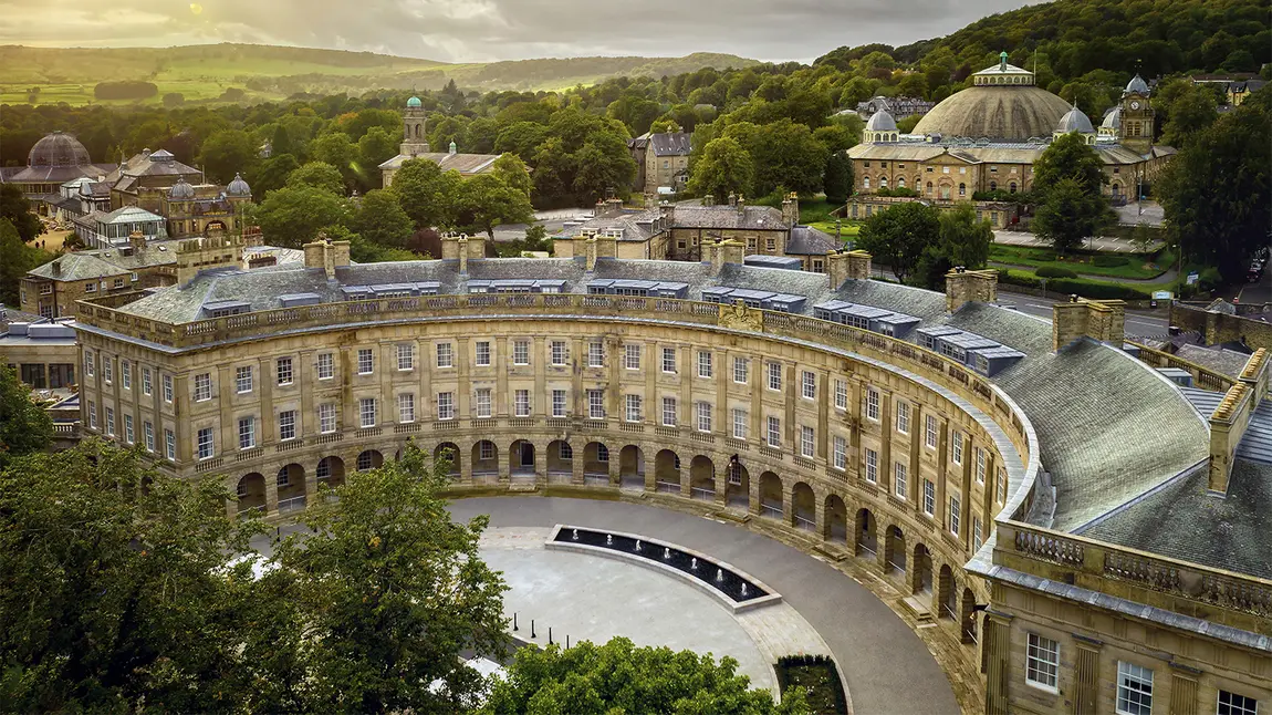 Risk Register surveys the highs and lows of historic sites in England Buxton Crescent from above.