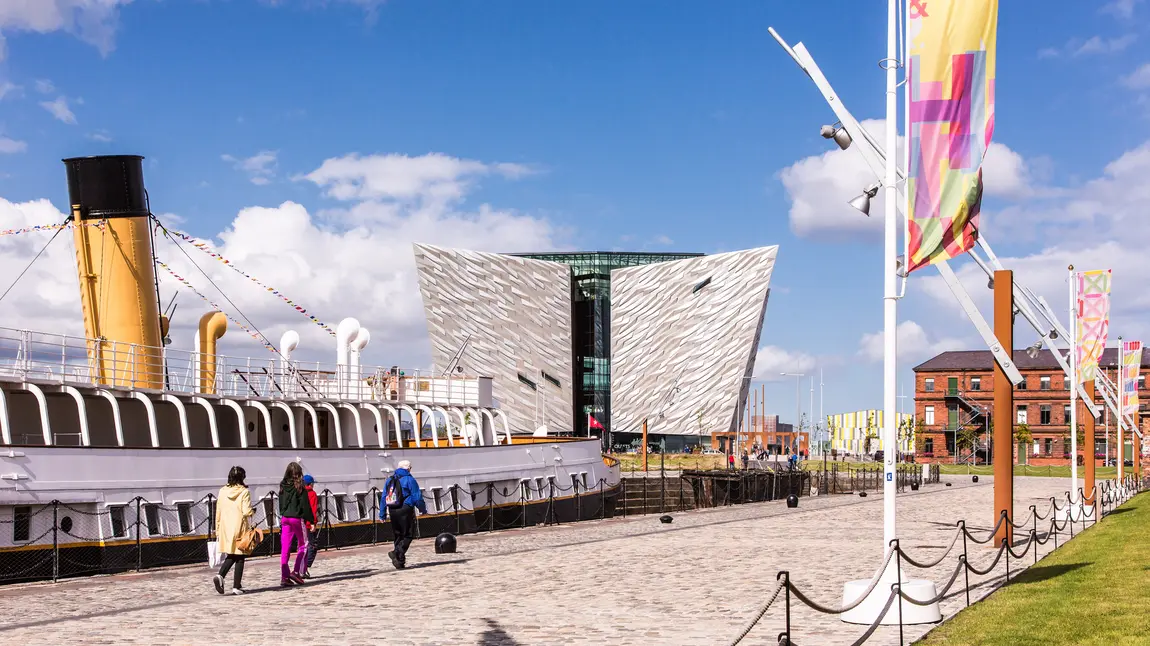 Ss Nomadic ship and Titanic Belfast building in background.