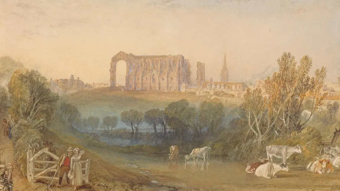 Landscape painting showing ruins of an abbey with cattle in the foreground