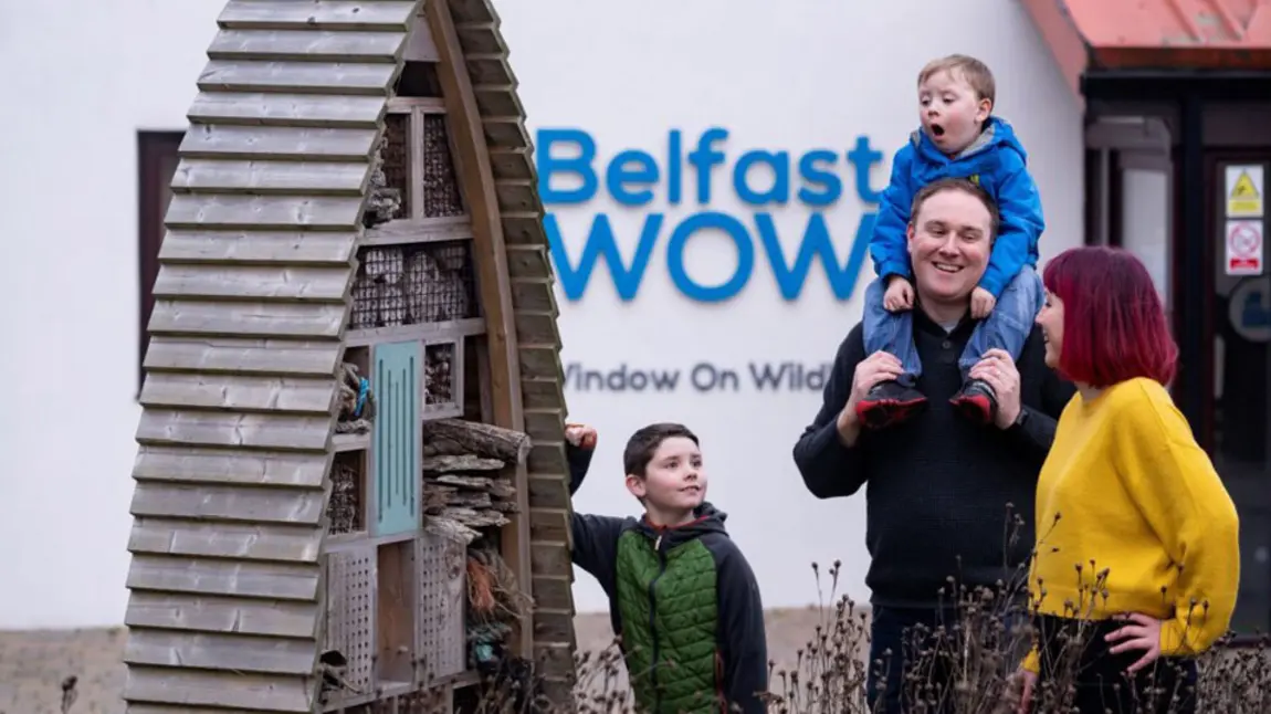 A family look at a bird nesting box display