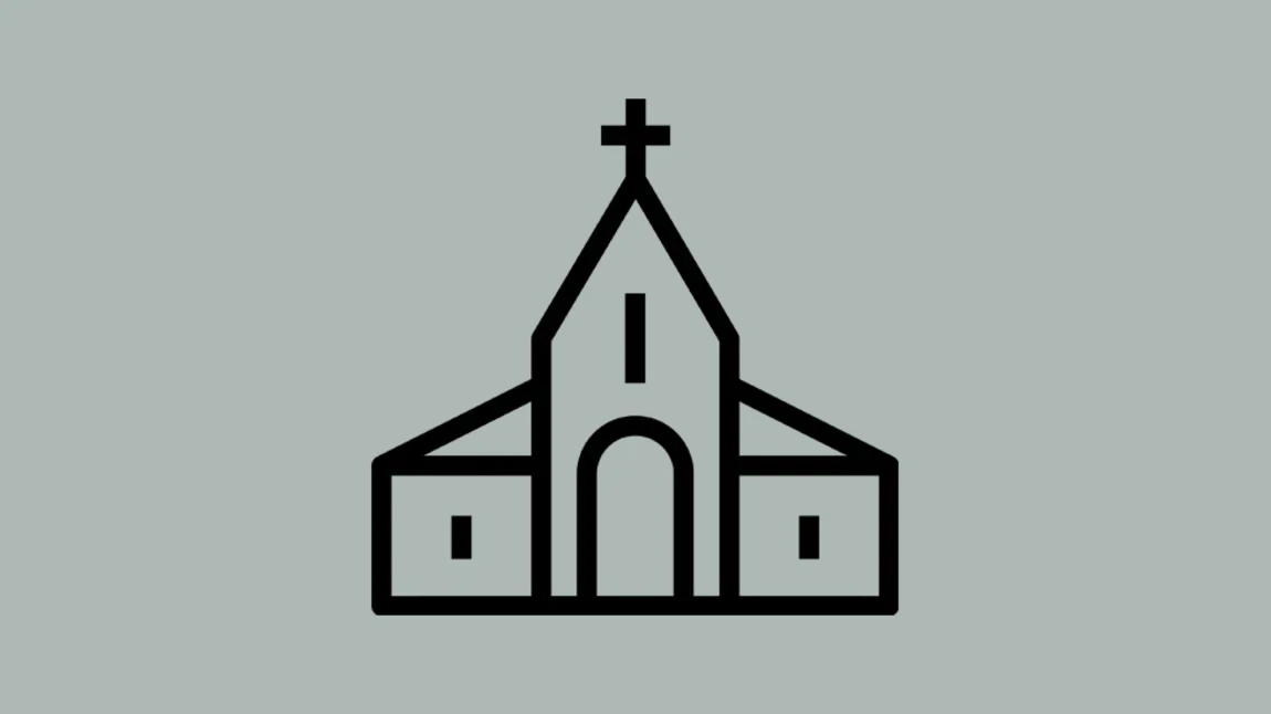 A black outline of a church on a grey background.