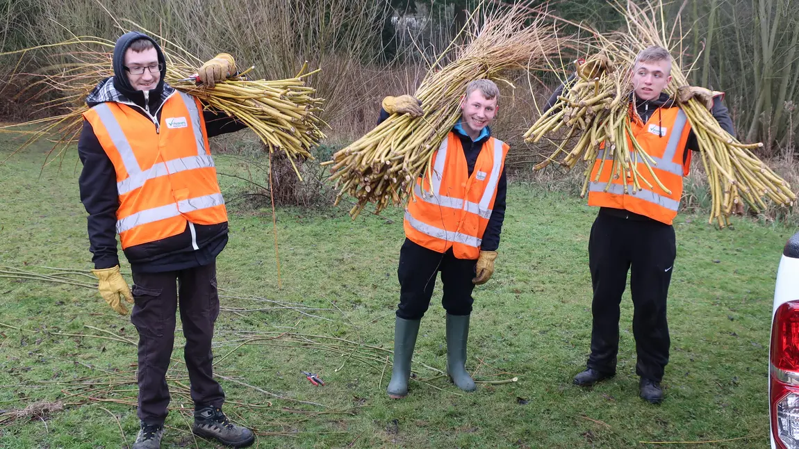 Three young men carrying willow