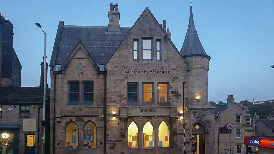 The exterior of a restored victorian bank in Bacup, Lancashire