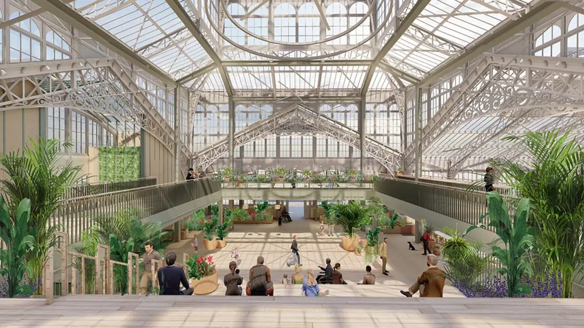 Computer render of the refurbished Winter Gardens: and iron and glass building with open spaces, lush plants and visitors.
