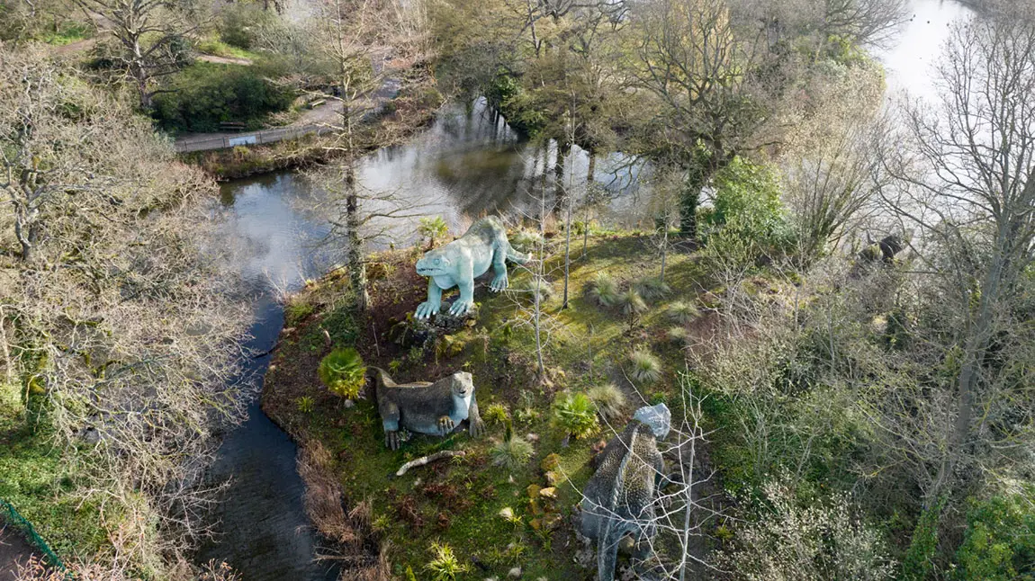 An arial view of Crystal Palace Park, including the dinosaurs