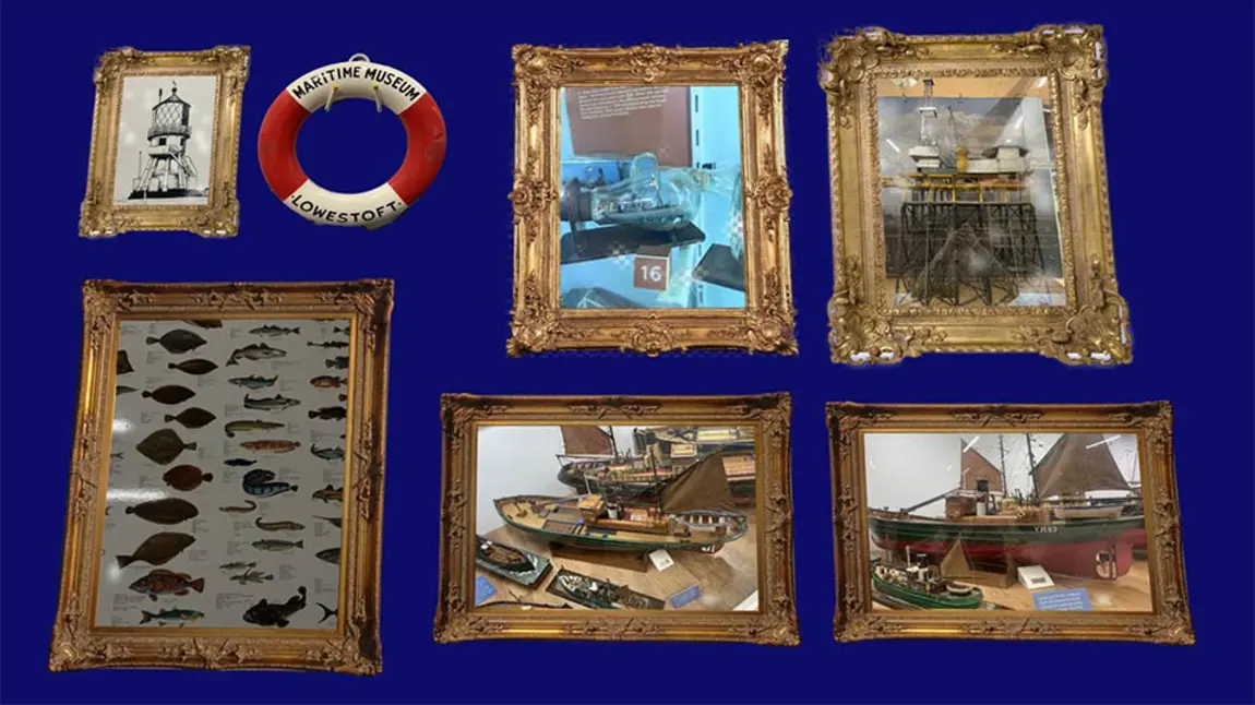 Several picture frames with images related to the sea and naval history on a blue background