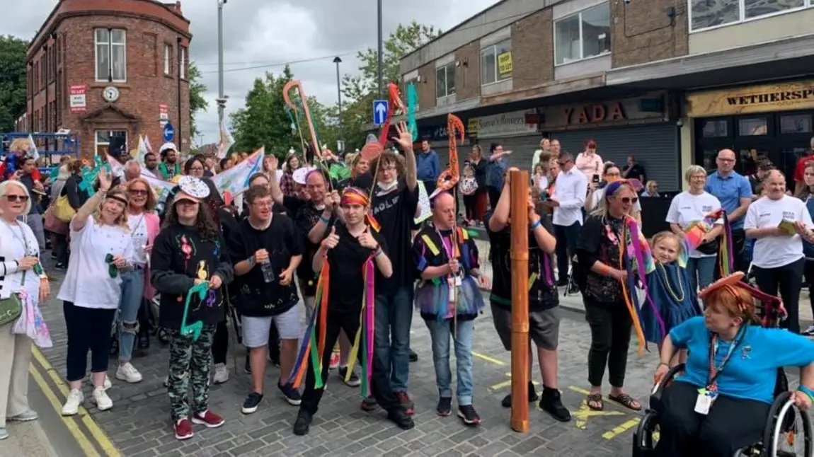 A group of people with handmade props and decorations