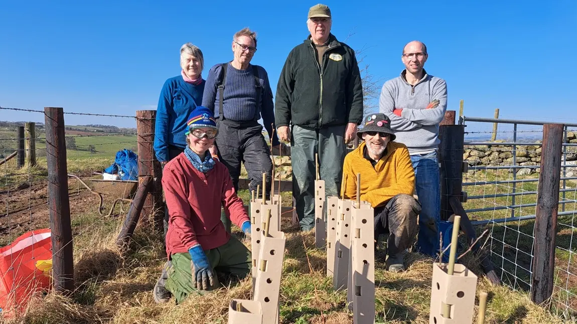 A group of volunteers pose behind some newly planted saplings, which are protected with tubing.