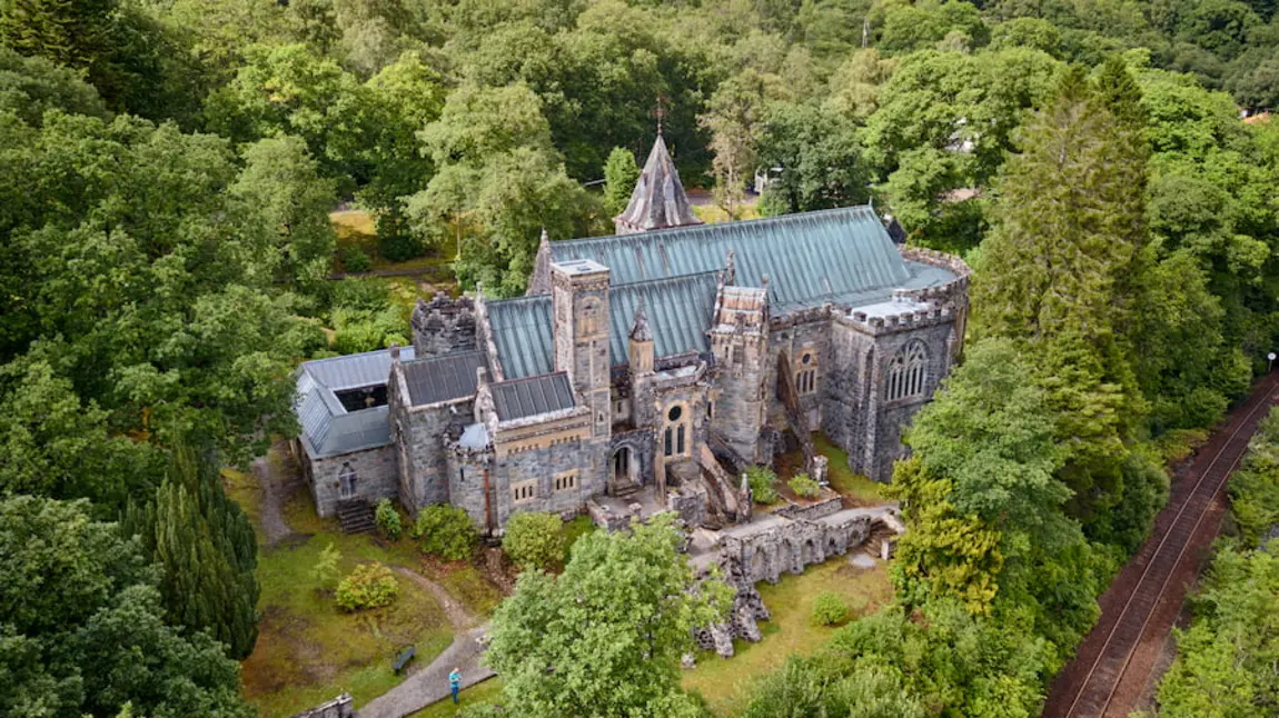 An aerial view of St. Conan's Kirk in Scotland.