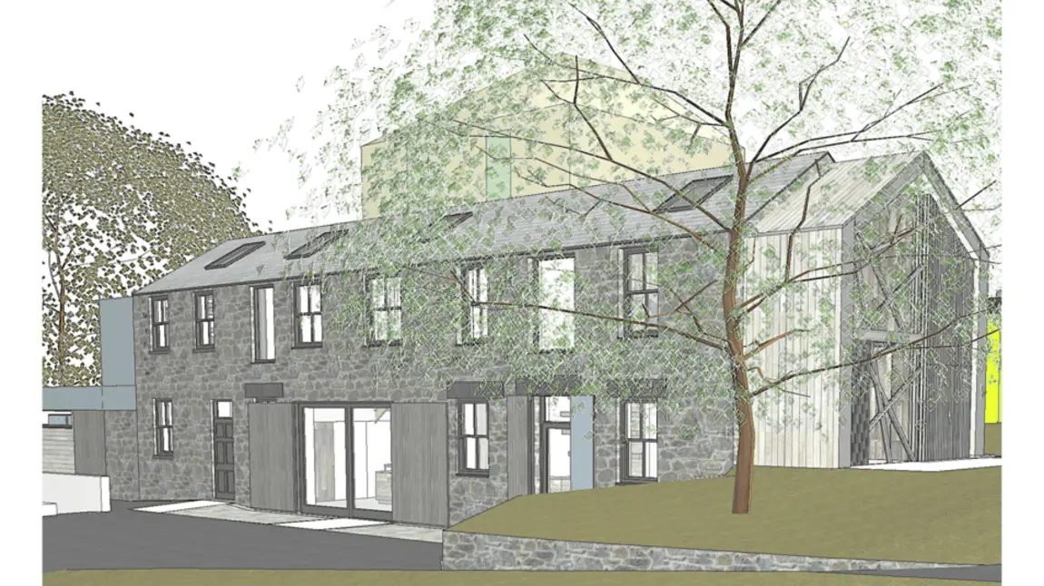 Architectural drawing of a stone and timber clad building showing how the historic stableblock will look when developed into The Gardeners' House