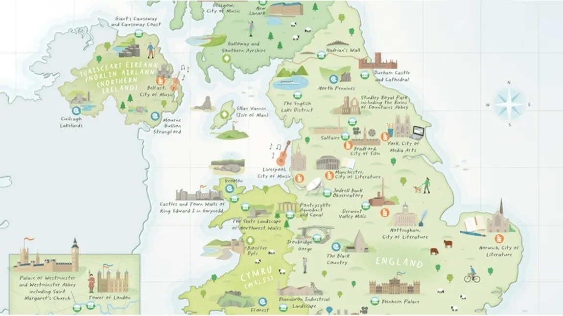 Illustrated map showing 58 UK UNESCO sites