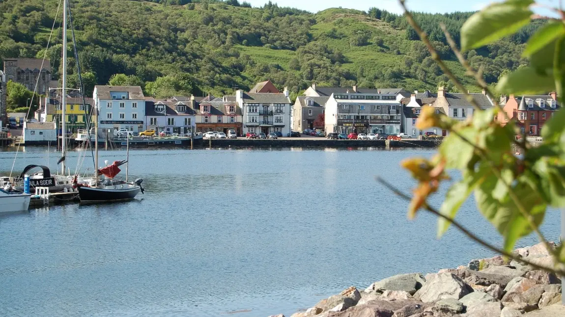 A view across Tarbert harbour, in the foreground to the right are some leaves and a rocky foreshore. To the left is a jetty and a yacht. IN the background harbour front building with hill behind them.
