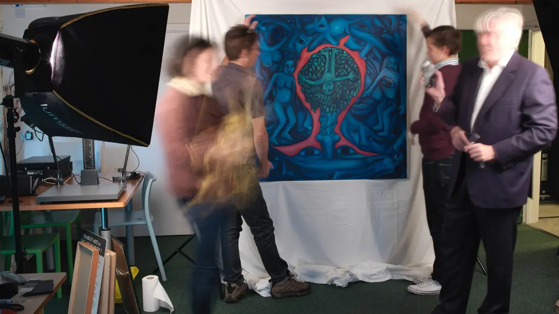 The NDACA project team digitising a Colin Hambrook painting, October 2015