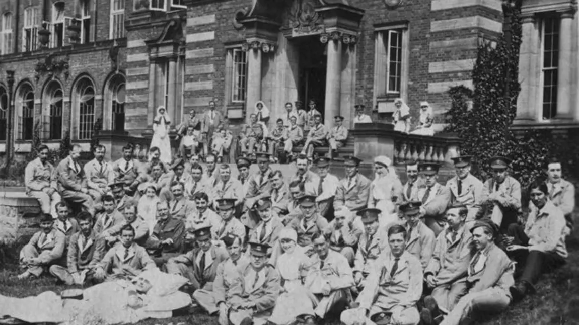 Wounded soldiers convalescing outside a First World War hospital