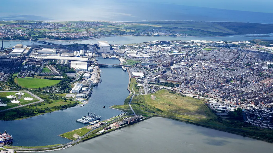 Aerial view of Barrow-in-Furness, Cumbria, showing Barrow docks with Walney Island behind