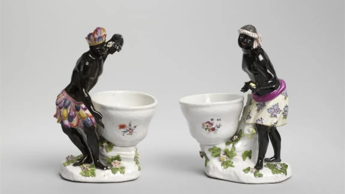 Dessert baskets, 1765–75. Two small painted porcelain dessert baskets with African figures and painted flowers on each