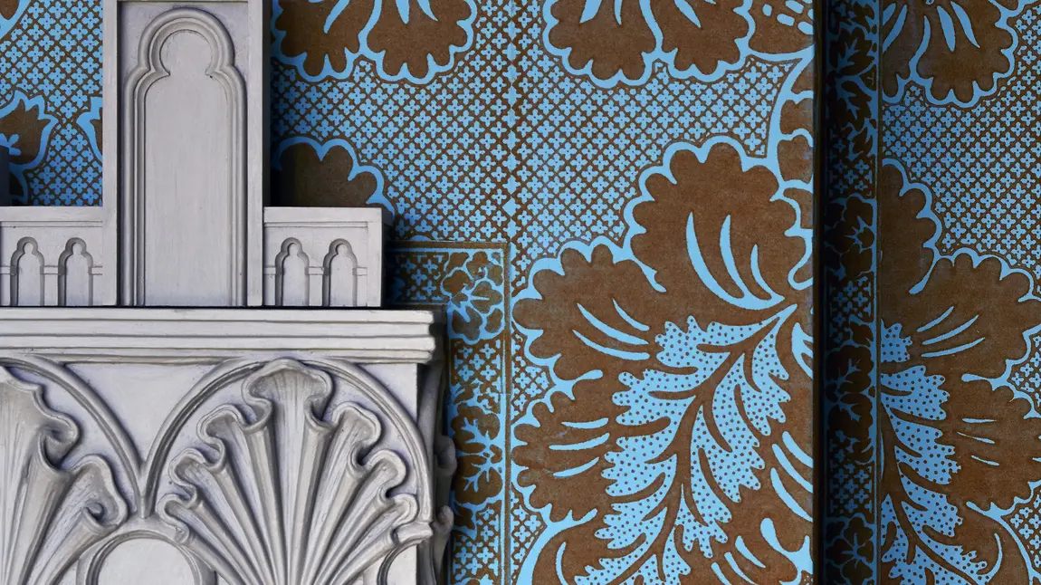 Strawberry Hill completes second stage of restoration Wallpaper and fireplace in Mr Walpole's bedchamber