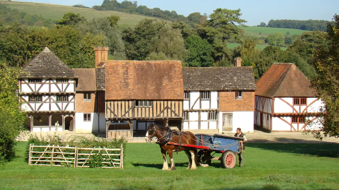 Weald and Downland Museum market square with horse and cart 