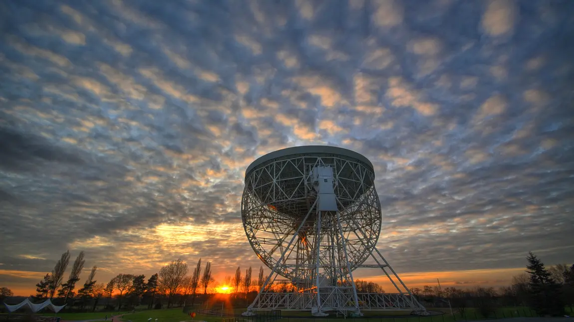 The Lovell Telescope at Jodrell Bank at sunset