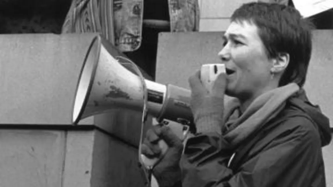 A protester talks through a megaphone at a Yorkshire rally