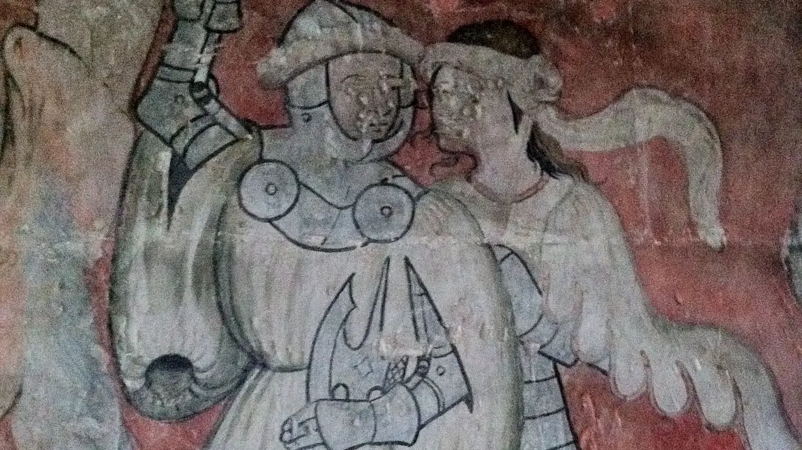 Section of medieval crucifixion painting at Charterhouse; two faded figures; charcoal on lime plaster