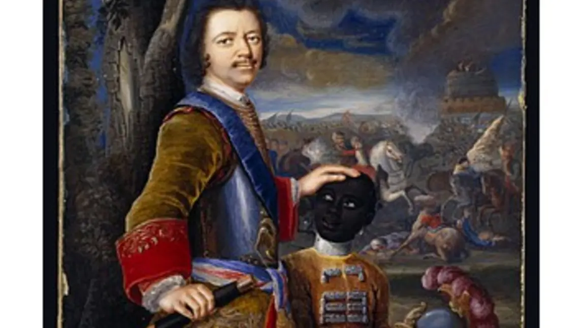 Peter the Great with a Page. By Gustav von Mardefeld Peter the Great with a Page, watercolour painting of possible Russian battleground showing Peter the Great with a young Black page .