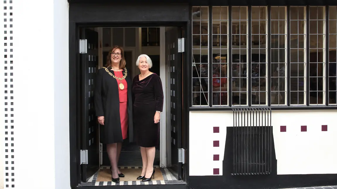 National Lottery Support for the Restoration of Mackintosh’s Willow Tea Rooms Building Celia Sinclair Chair of the Willow Tea Rooms Trust and The Lord Provost of Glasgow Eva Bolander at the funding announcement
