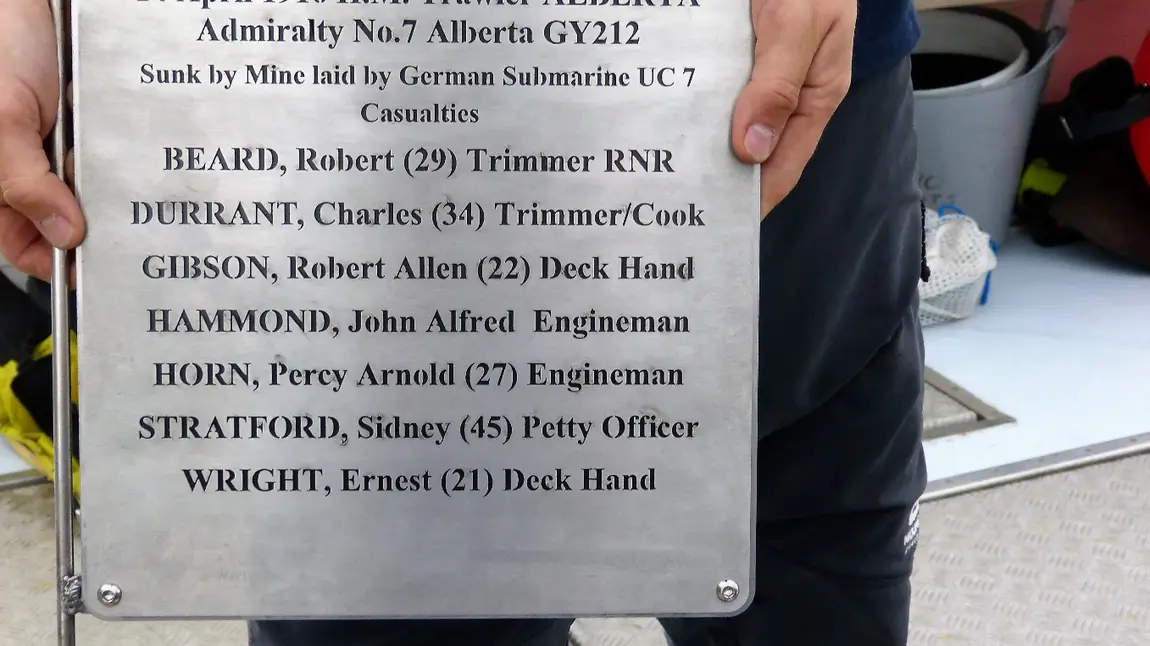 Changing lives: Linda pays tribute to great grandfather The memorial plaque placed on the wreck of the Alberta inscribed with the names of the men who died onboard